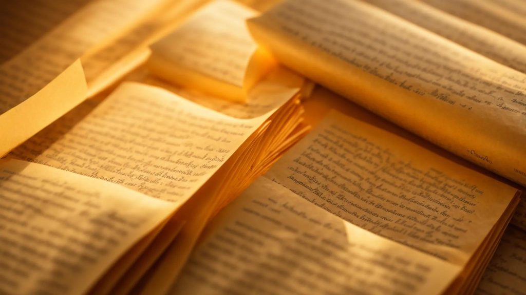 a richly layered stack of vibrant, old parchment sheets, each adorned with elegantly penned sentences, illuminated by soft golden light to emphasize the beauty of the written word.