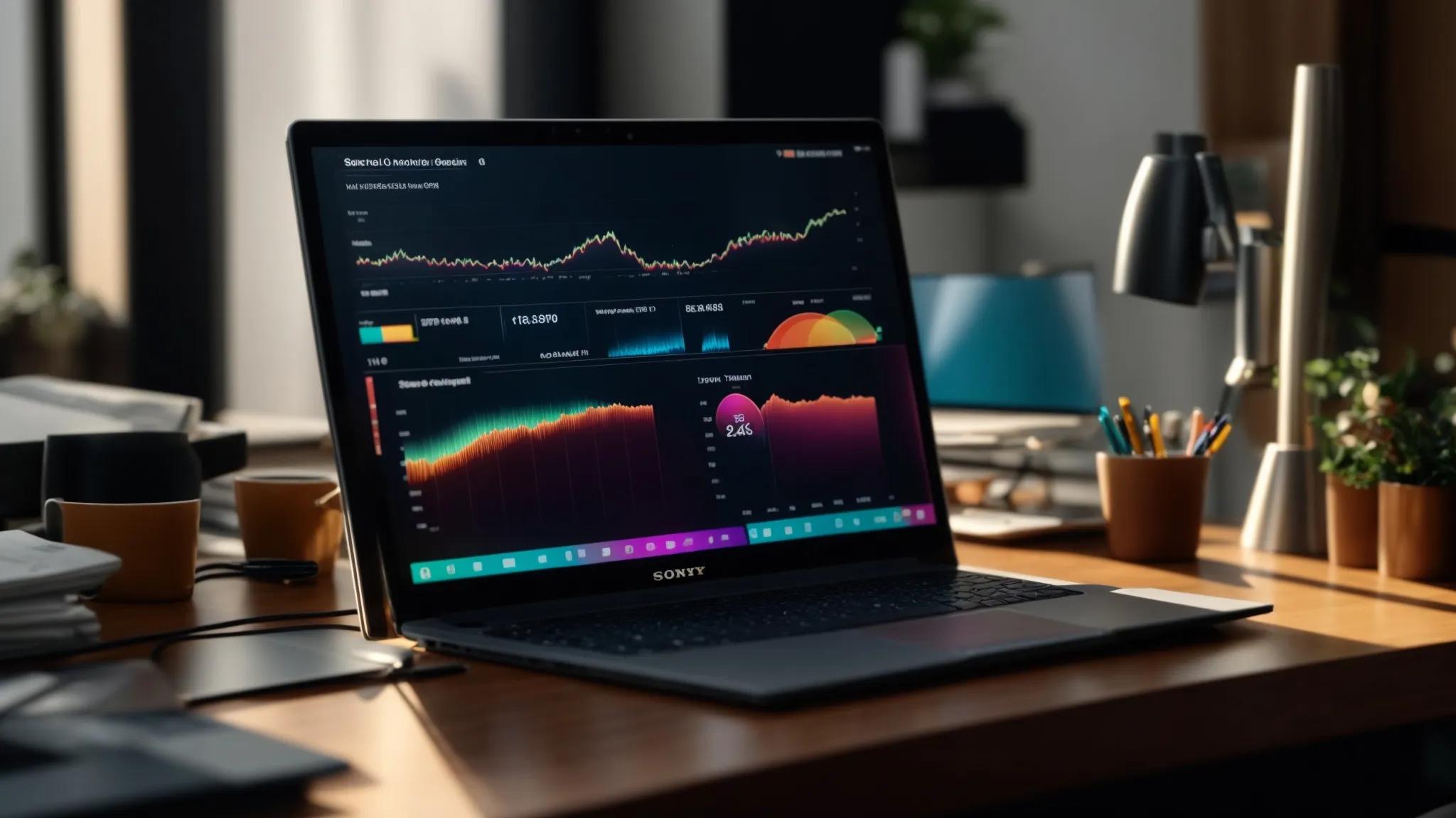 a sleek and vibrant desk setup featuring an open laptop displaying an analytics dashboard surrounded by colorful seo tool icons, illuminated by soft natural light to evoke a sense of productivity and success.