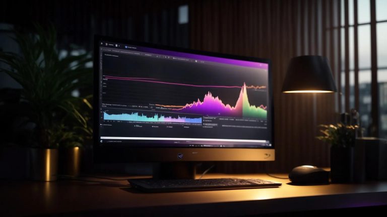 a sleek desktop setup showcases an illuminated laptop with vibrant graphs and seo tools displayed on the screen, surrounded by a soft, ambient glow that emphasizes a productive atmosphere.