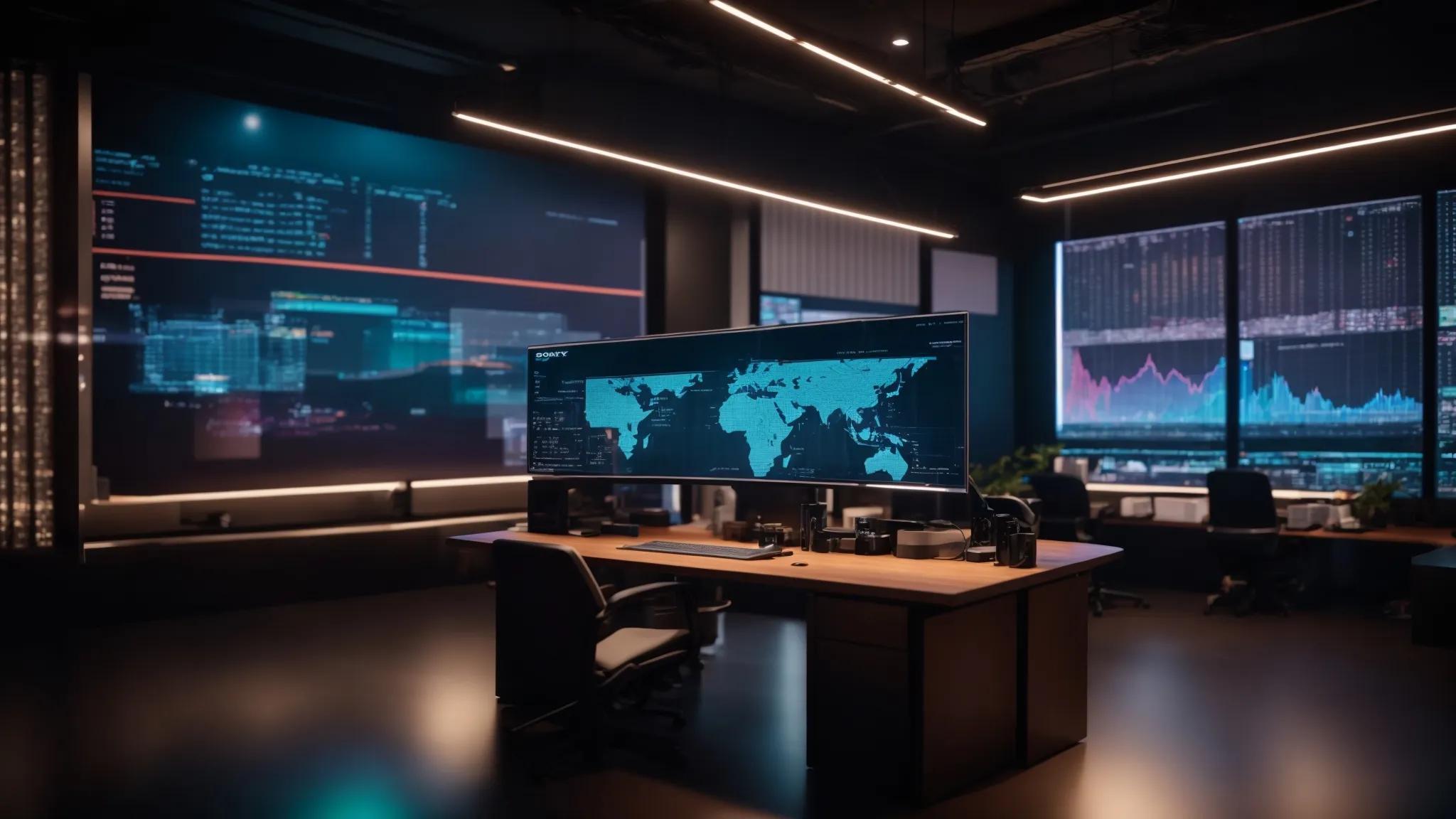 a sleek, futuristic workspace filled with glowing screens displaying vibrant data analytics and seo graphs, illuminated by soft ambient lighting that emphasizes a harmonious blend of technology and creativity.