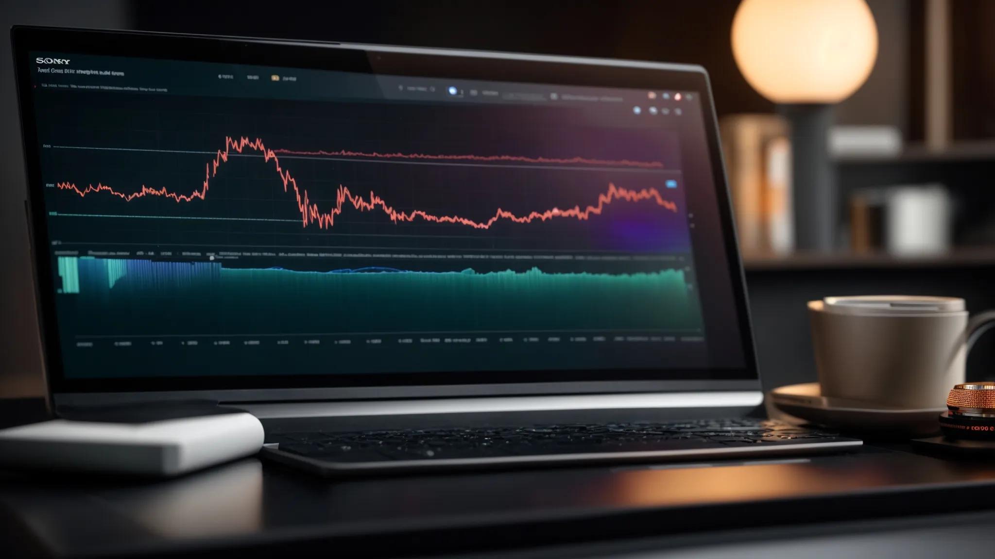 a sleek, modern computer screen displays an intricate digital interface filled with vibrant graphs and analytics, highlighting the process of checking backlinks on google with a clear focus on user engagement and simplicity.