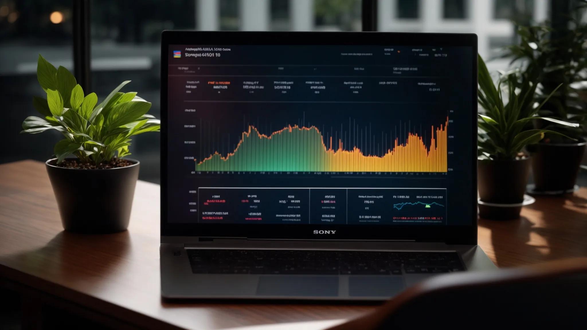 a sleek, modern desk lined with advanced seo tools, illuminated by soft, focused lighting, showcases an expansive digital screen displaying vibrant graphs of rank performance and keyword analytics, symbolizing the pursuit of seo success.