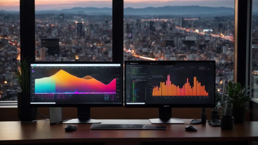 a sleek, modern desktop computer displays a vibrant and dynamic dashboard filled with colorful graphs and charts, illustrating the power of local seo insights against a backdrop of a bustling urban landscape.