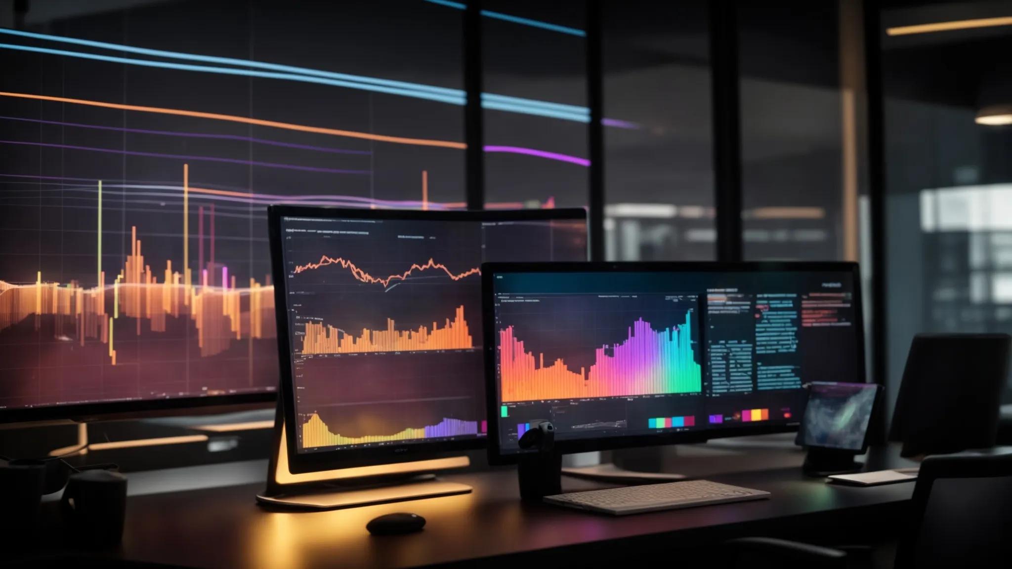 a sleek, modern office workspace with a glowing computer screen displaying colorful graphs and analytics, symbolizing the digital success of an seo-friendly cms.