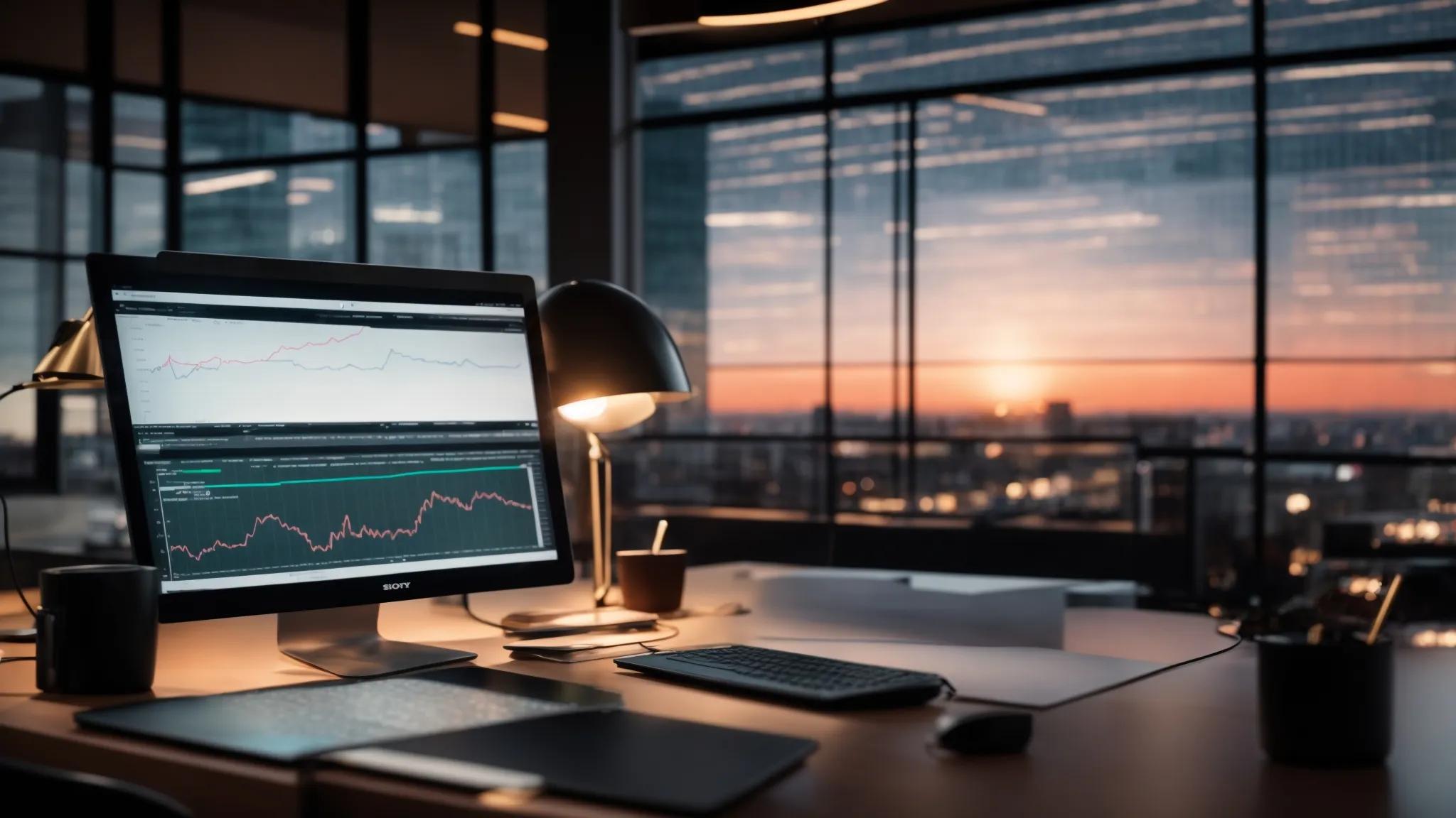 a sleek, modern workspace bathed in soft, natural light, featuring a luminous computer screen displaying vibrant graphs and analytics, symbolizing the power of seo-friendly content management systems for website success.