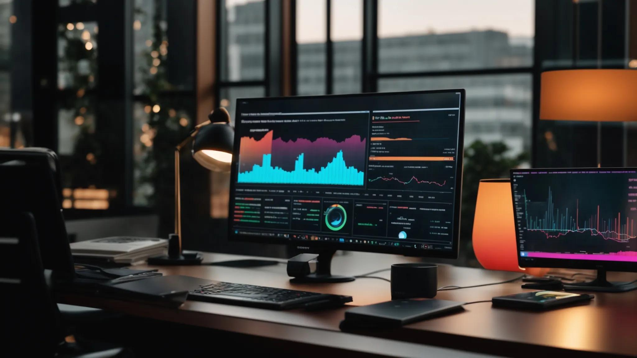 a sleek, modern workspace bathed in warm daylight, showcasing a vibrant digital dashboard filled with colorful graphs and analytics, exemplifying the importance of seo analysis in driving online visibility.