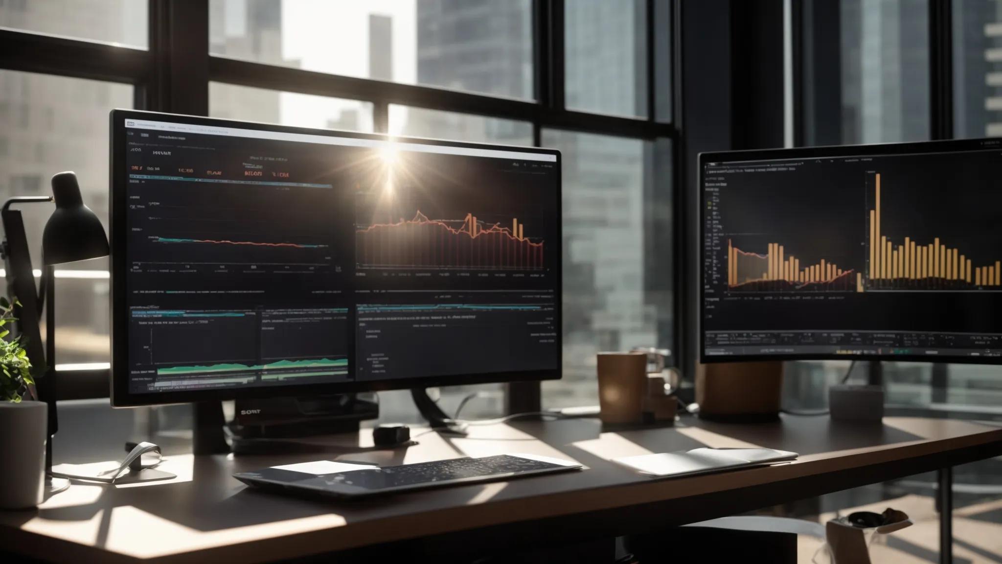 a sleek, modern workspace featuring a high-resolution computer screen displaying an analytic graph of seo rankings, illuminated by bright, natural light streaming through a nearby window.