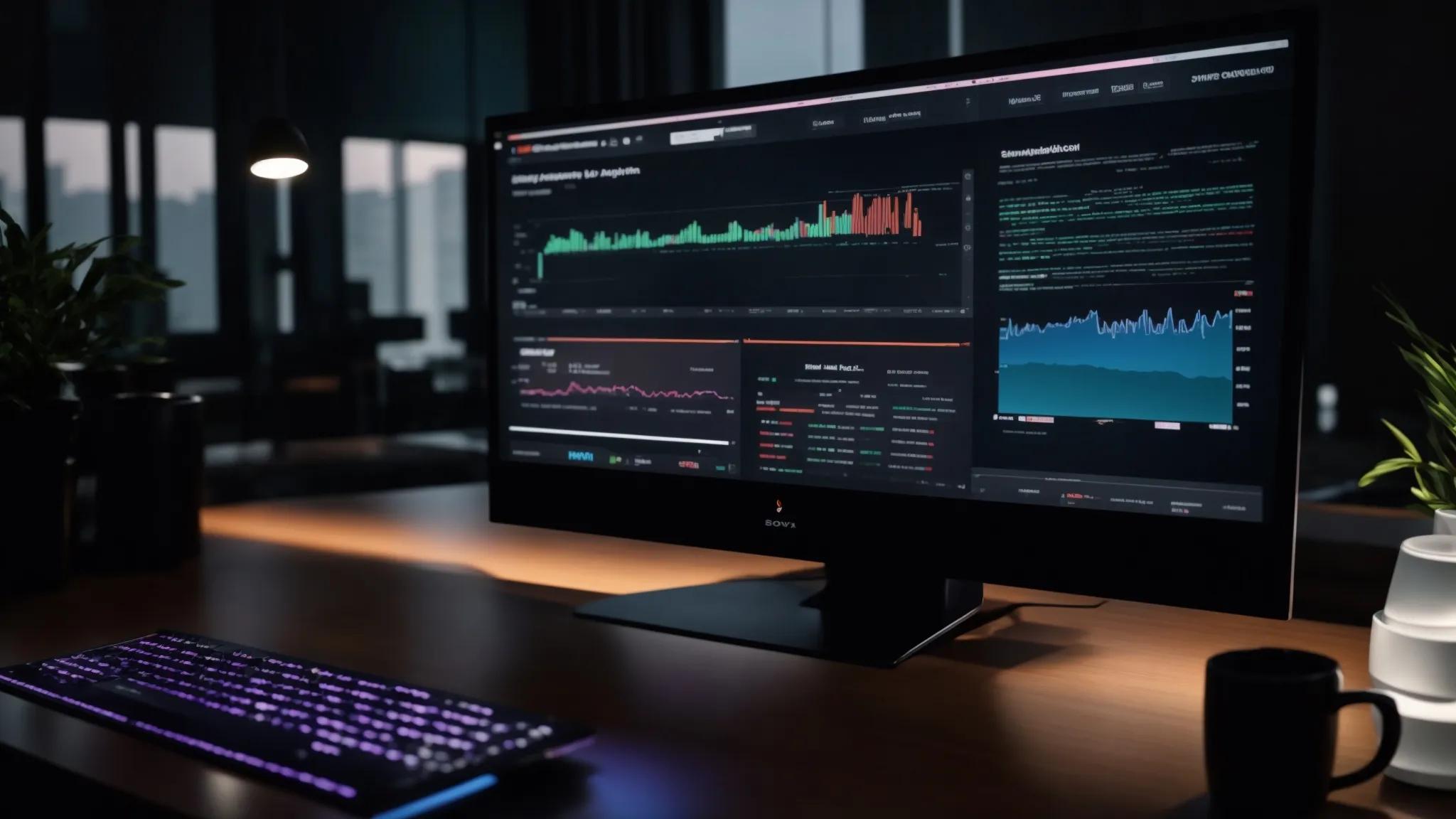 a sleek, modern workspace featuring a vibrant computer screen displaying an intricate seo project management dashboard, illuminated by soft ambient lighting that highlights the dynamic graphics and charts.