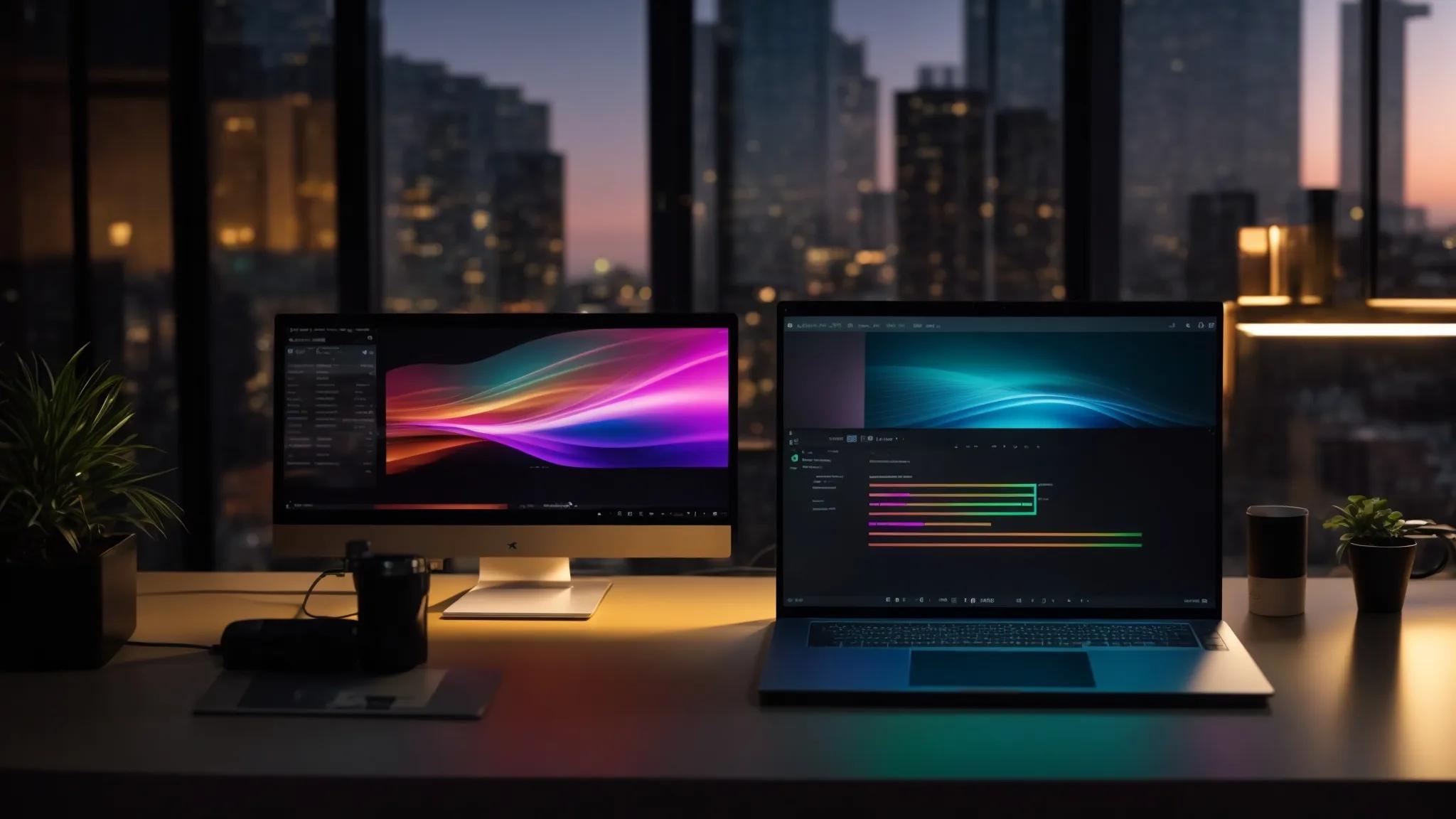 a sleek, modern workspace showcases a glowing laptop screen displaying a colorful wordpress dashboard, with vibrant tags dynamically organizing content, illuminated by soft, ambient lighting.