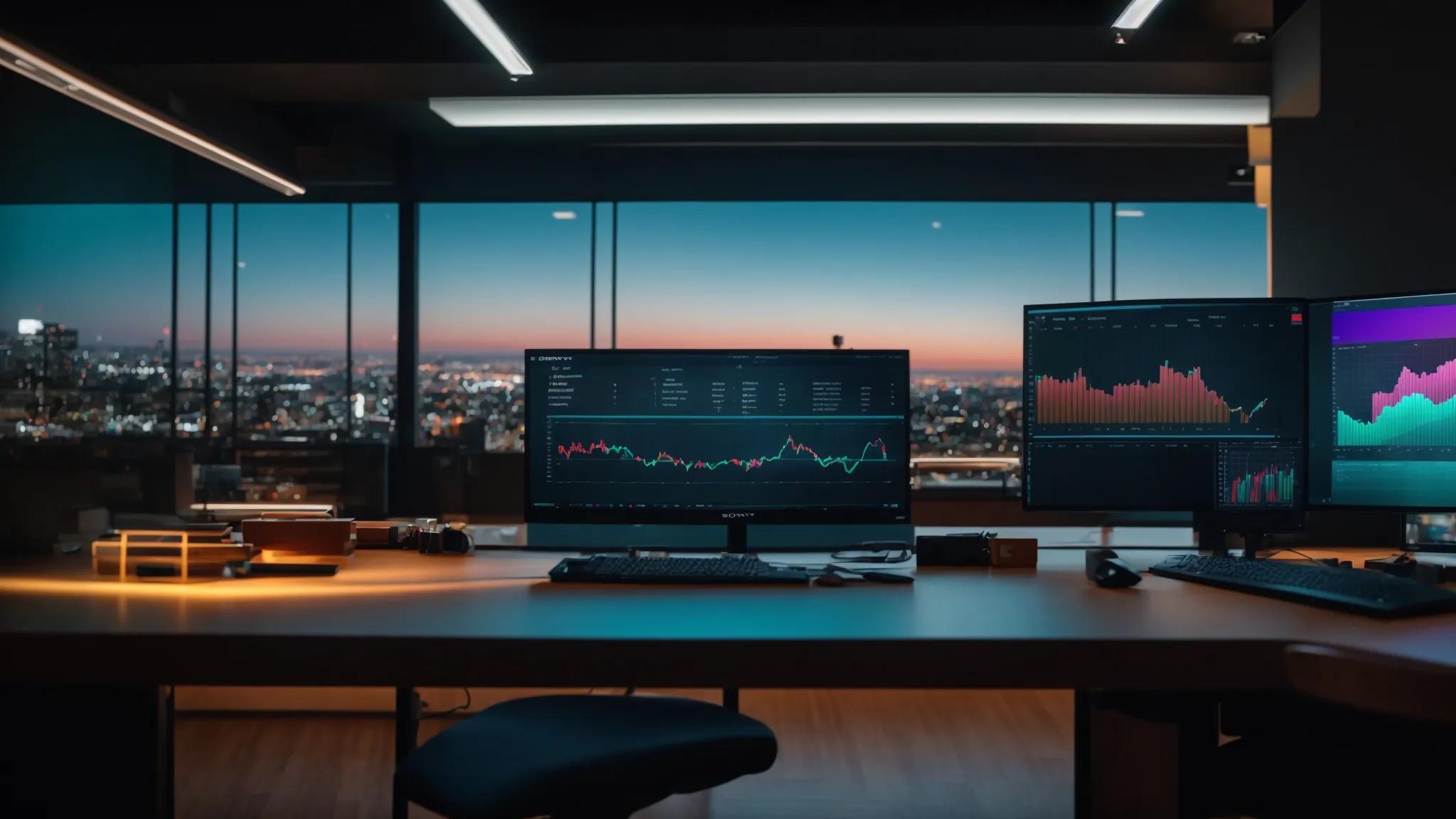 a sleek, modern workspace showcases a vibrant digital dashboard filled with colorful analytics graphs and competitive seo insights, illuminated by soft, ambient lighting that emphasizes the theme of strategic growth.