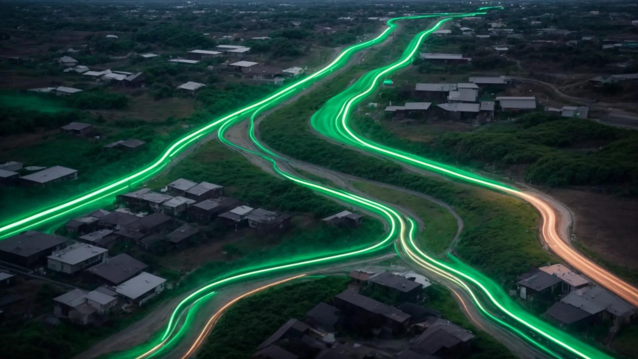 a striking visual of a digital landscape divided into two distinct paths, one illuminated with vibrant green signs representing "dofollow" links and the other shrouded in soft gray tones for "nofollow" links, symbolizing the critical choices in seo strategy.