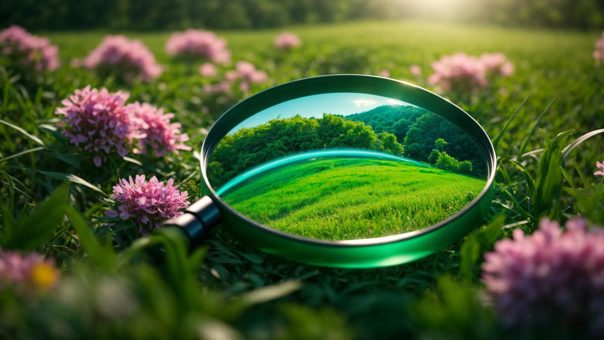 a vibrant and captivating illustration of a digital landscape, showcasing a glowing magnifying glass hovering over a lush green field of keywords, symbolizing the search for low competition keywords in seo success.