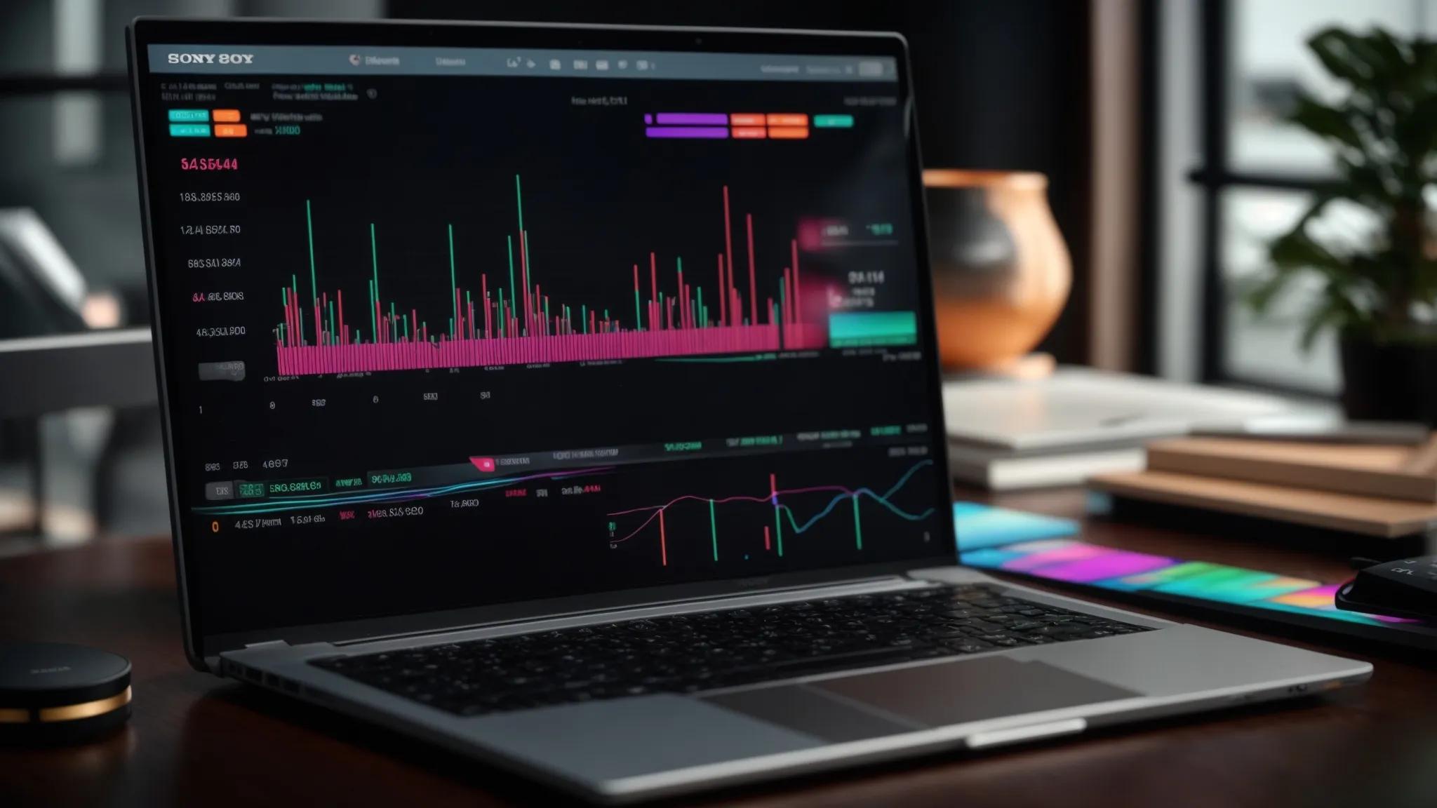 a vibrant and modern workspace features a sleek laptop displaying colorful graphs and charts, symbolizing the dynamic world of local seo tools that enhance online visibility and rankings.