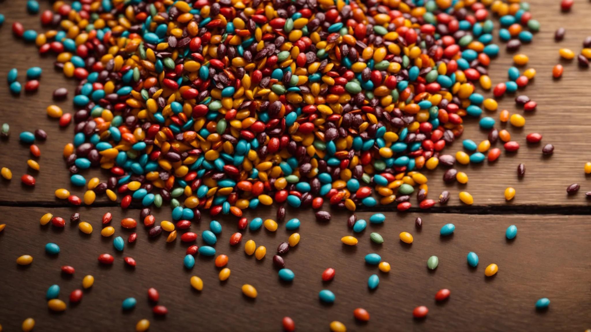 a vibrant burst of colorful seeds scattered across a wooden table, illuminated by soft, natural light filtering through a nearby window, inviting an exploration of creativity.