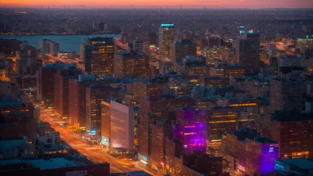 a vibrant city skyline at sunset, with landmark buildings illuminated and colorful search magnifying glasses overlaying the scene to symbolize local seo and keyword mastery.