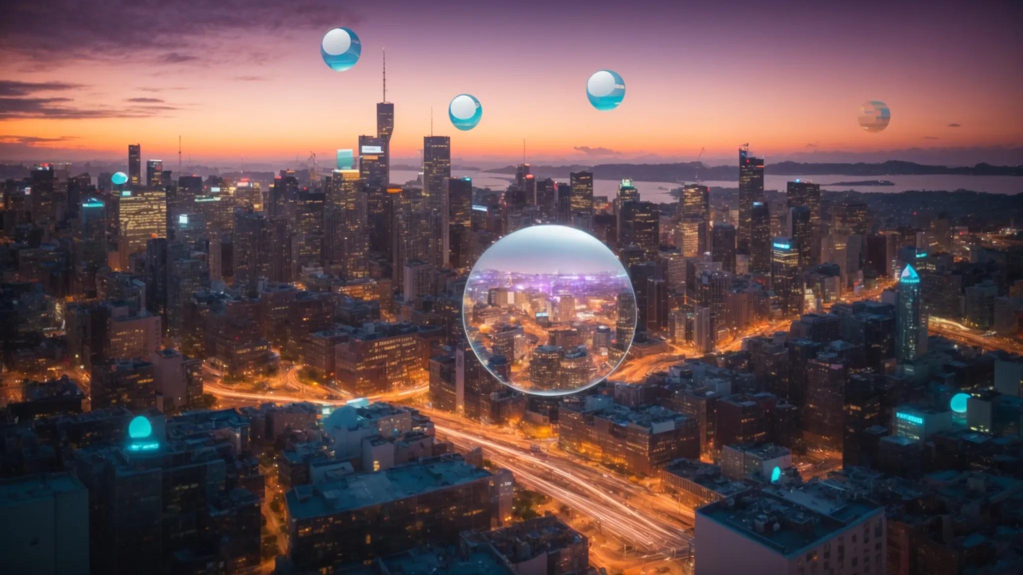 a vibrant cityscape at dawn, with diverse landmarks representing multiple locations, overlaid with glowing search magnifying glasses symbolizing effective keyword research.