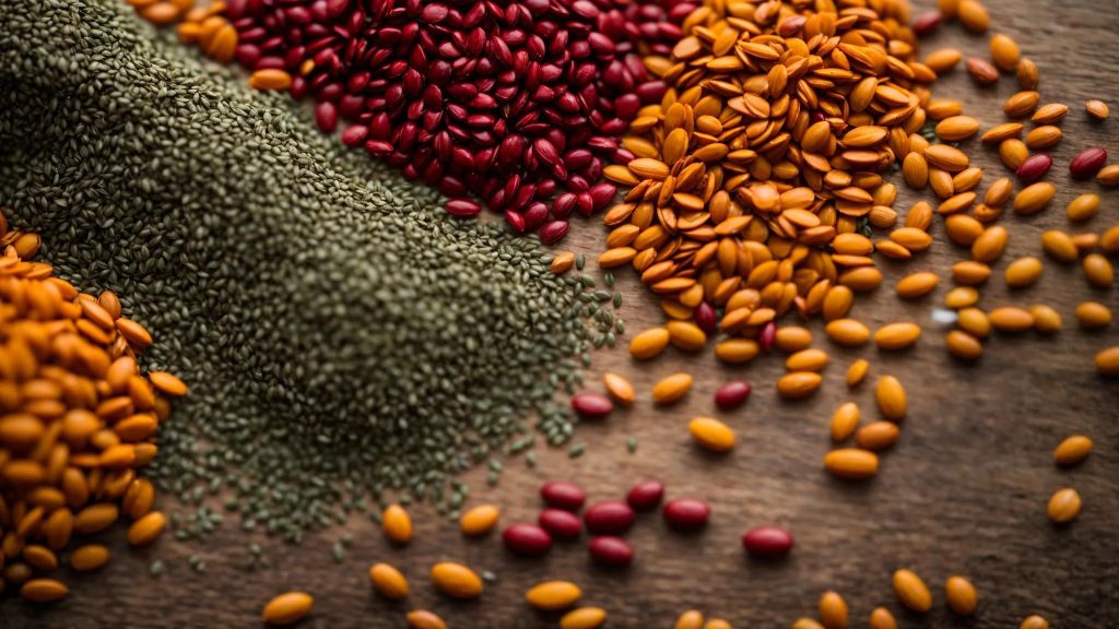 a vibrant, close-up shot of a colorful array of seeds scattered across a rustic wooden surface, illuminated by soft, natural light to evoke a sense of creativity and potential.