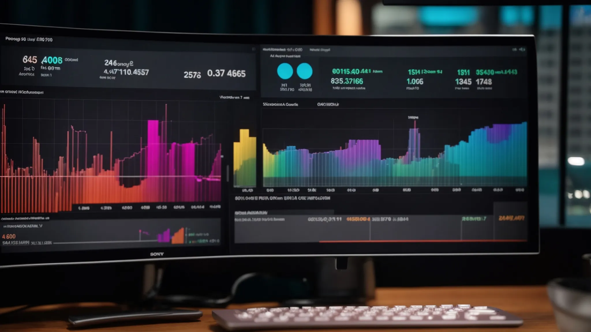 a vibrant, close-up view of a computer screen displaying google analytics data with colorful graphs and metrics, symbolizing the process of discovering backlinks, illuminated by soft office lighting for a professional atmosphere.