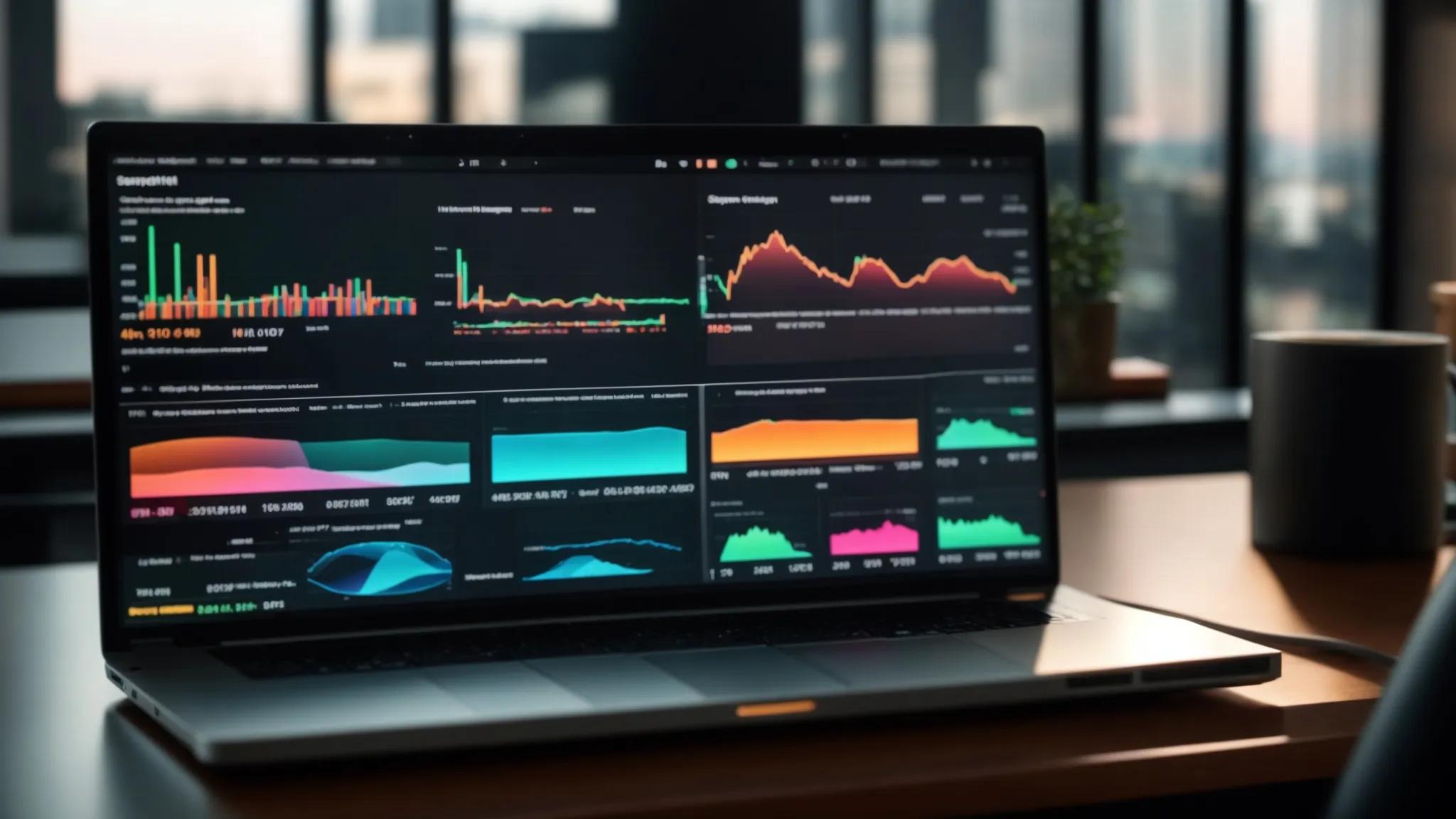 a vibrant computer screen displaying an eye-catching seo report with colorful graphs and analytics, set against a modern workspace illuminated by natural light to symbolize unlocking digital potential.