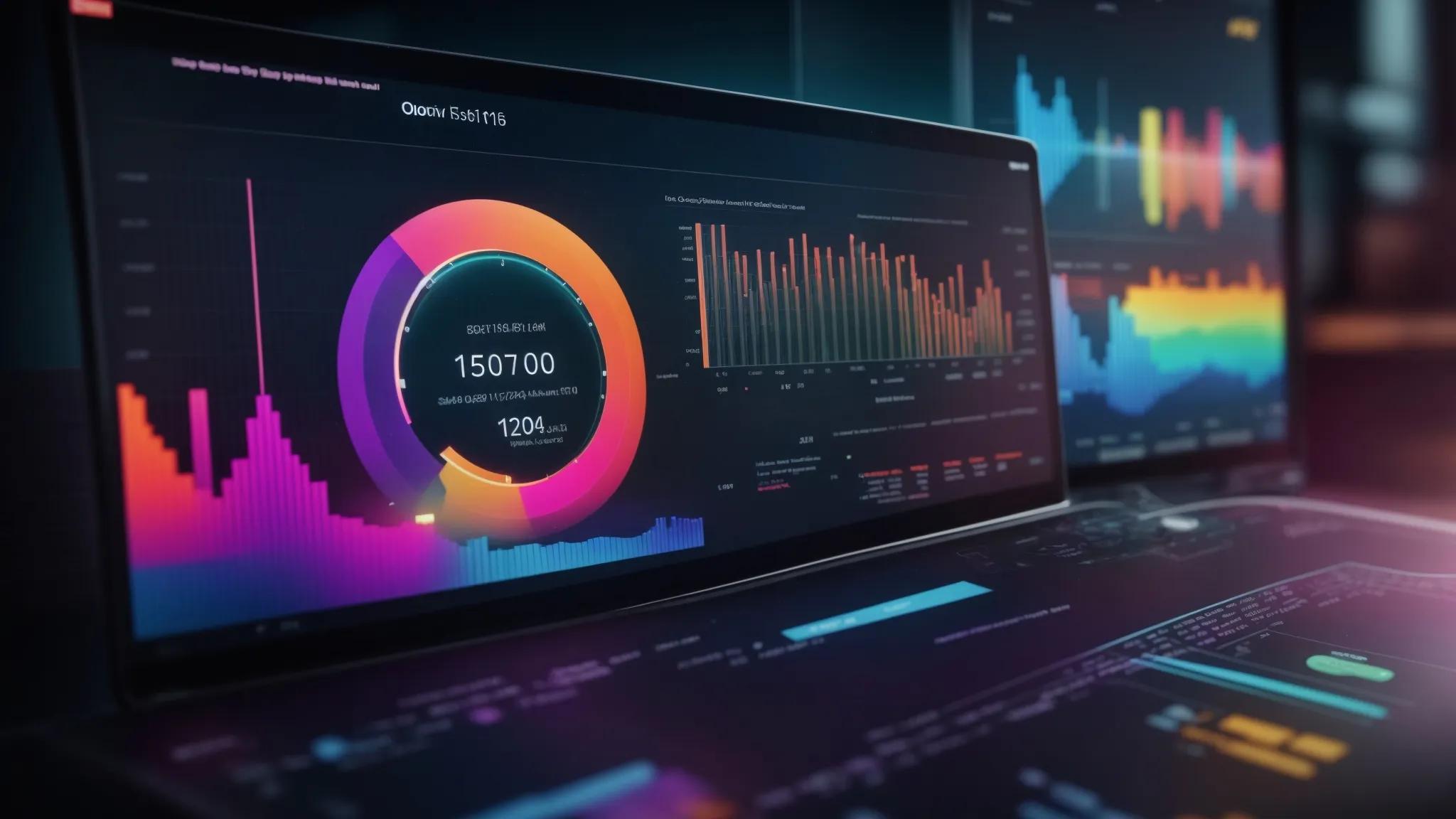 a vibrant digital dashboard displays an array of colorful graphs and metrics illustrating the upward trajectory of website rankings, symbolizing seo success in a modern workspace.