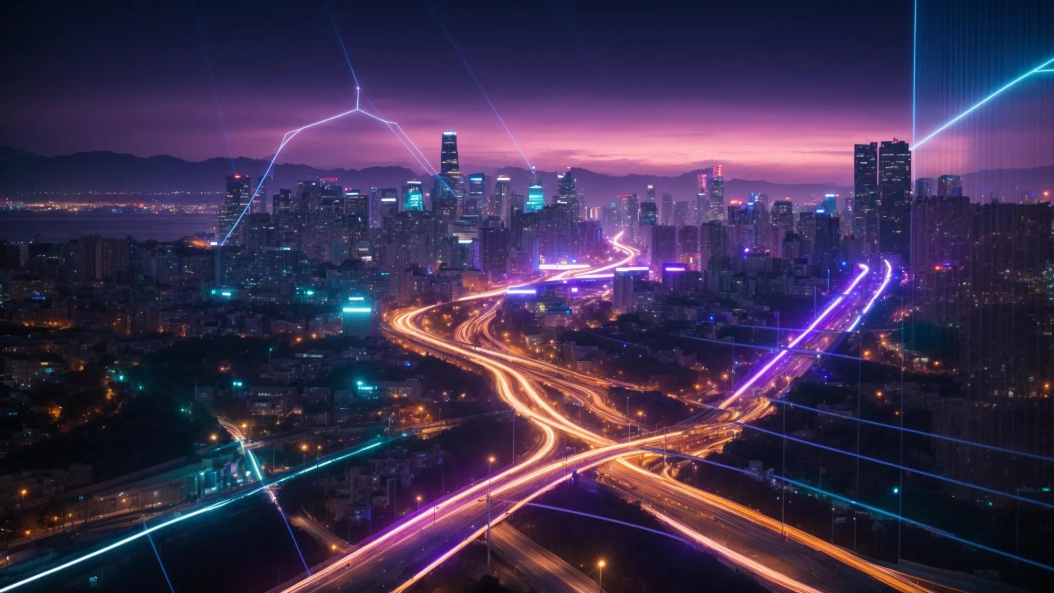 a vibrant digital landscape featuring interconnected glowing pathways symbolizing outbound links, with a towering outline of a cityscape in the background, representing enhanced seo rankings.