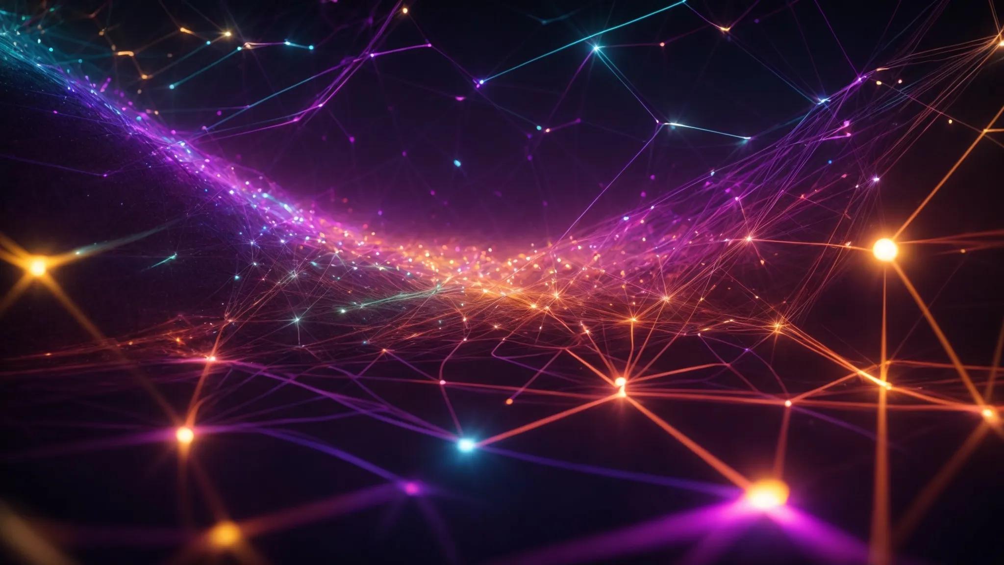 a vibrant digital landscape featuring interconnected nodes representing outbound links, illuminated by a radiant glow that symbolizes improved seo rankings.