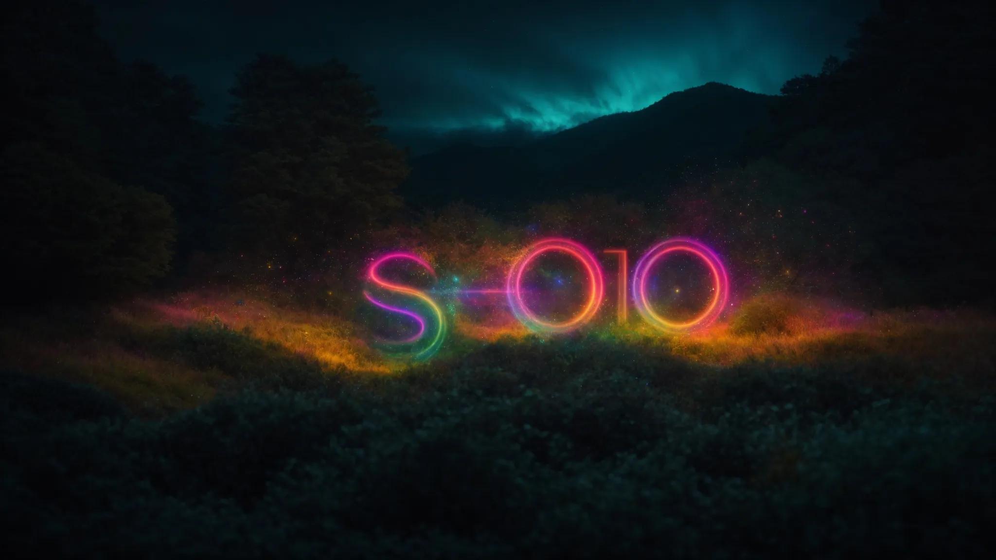 a vibrant digital landscape illustrating a magnified organic keyword cloud, glowing against a dark background, symbolizing the essence of seo strategy.