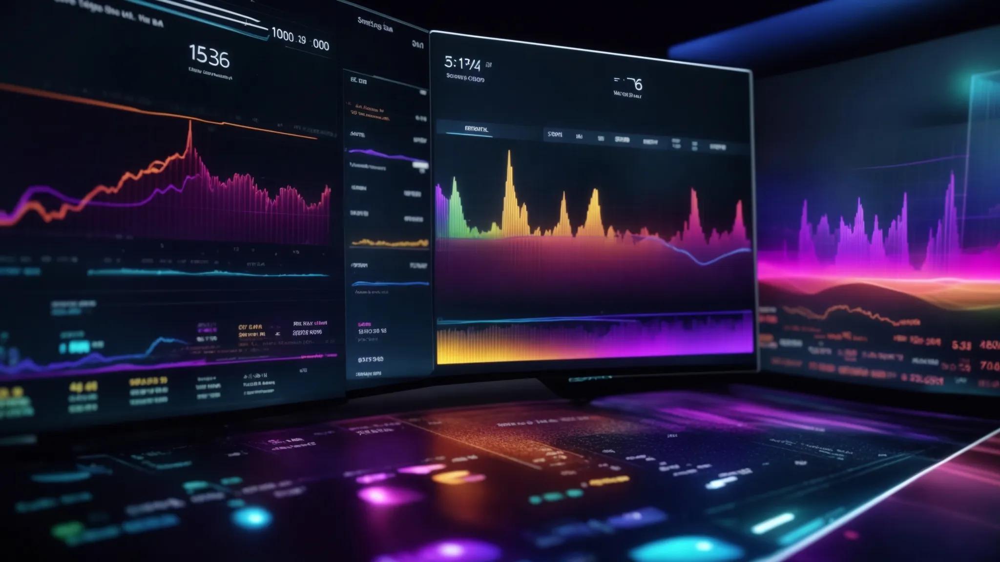 a vibrant digital landscape showcasing a futuristic dashboard filled with colorful graphs and analytics, symbolizing the power of rank tracking tools for achieving seo success.