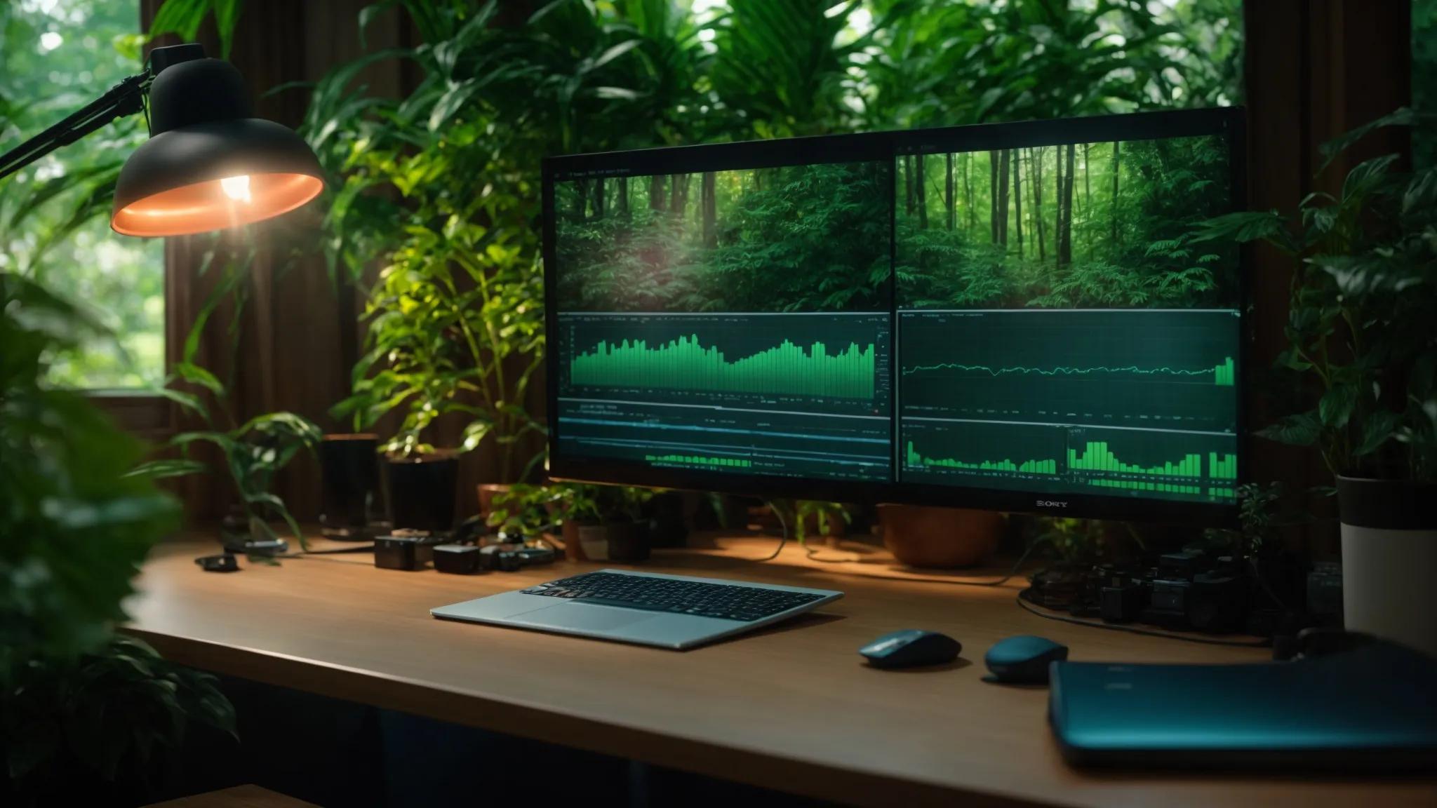 a vibrant digital workspace aglow with the soft light of multiple screens displaying seo analytics and ai tools, surrounded by lush greenery to symbolize growth and innovation.