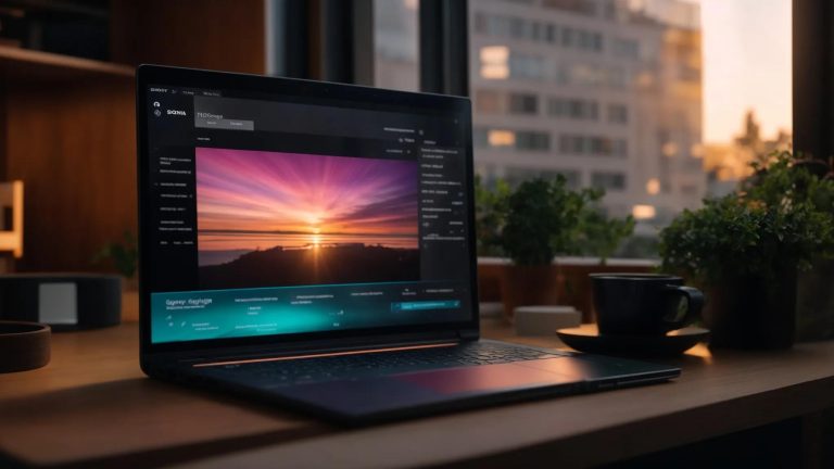 a vibrant digital workspace bursts to life with a glowing laptop displaying an engaging seo report, illuminated by natural light streaming through a window, symbolizing the unlocking of online potential.