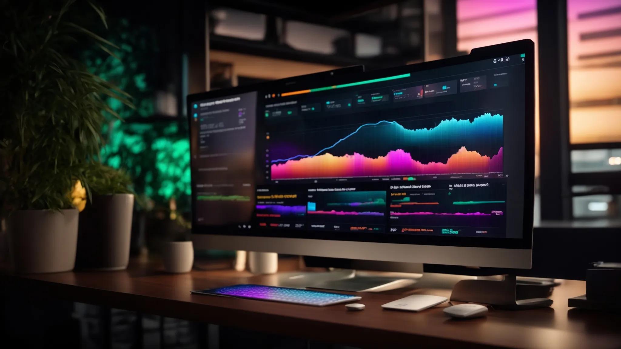 a vibrant digital workspace features a sleek laptop screen displaying a colorful wordpress dashboard, surrounded by glowing keyword charts and analytics, illuminated by warm, ambient lighting that conveys a sense of productivity and creativity.