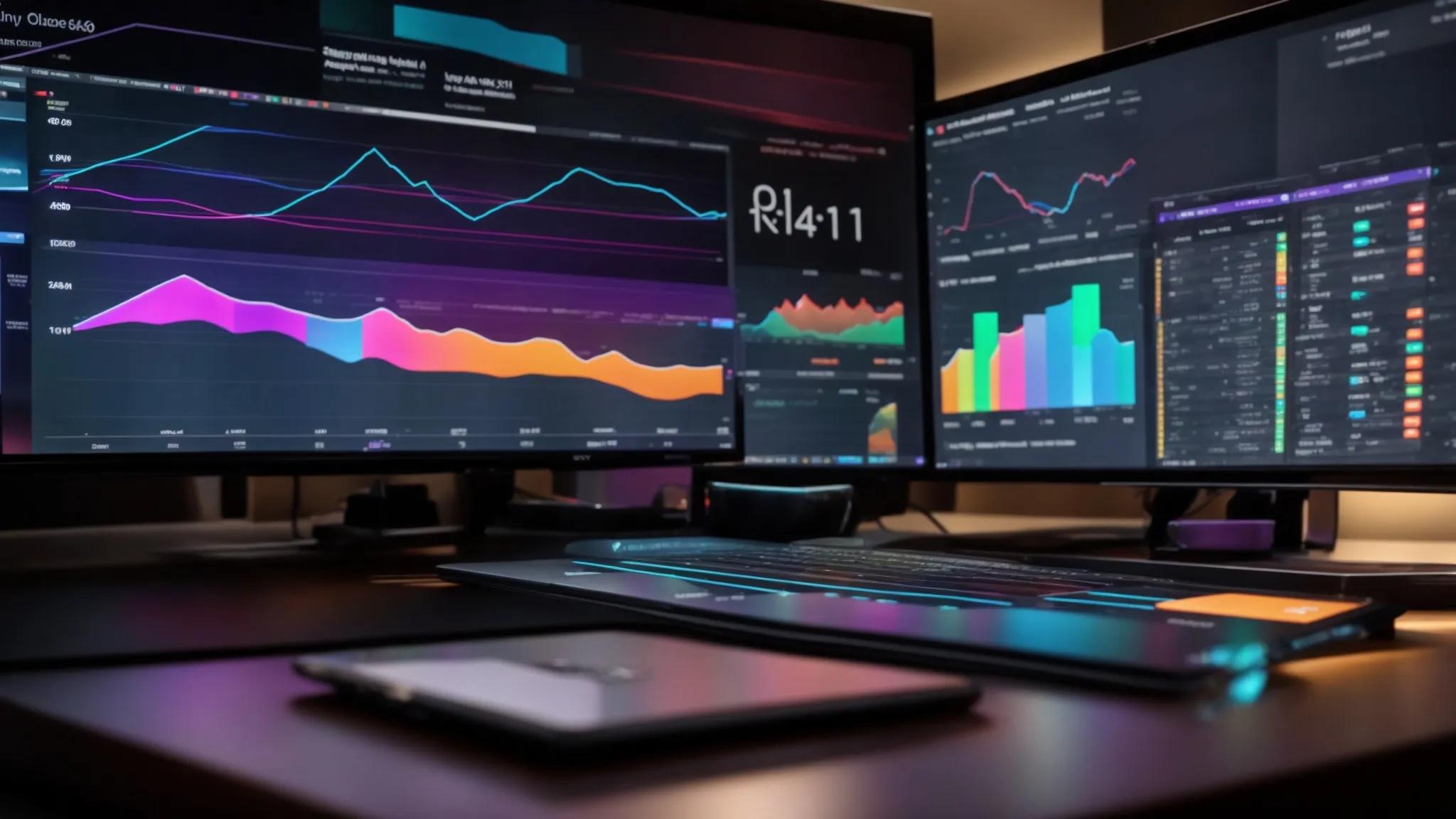 a vibrant digital workspace filled with sleek devices displaying colorful graphs and analytics, symbolizing the power of local seo tools in enhancing online visibility and rankings.