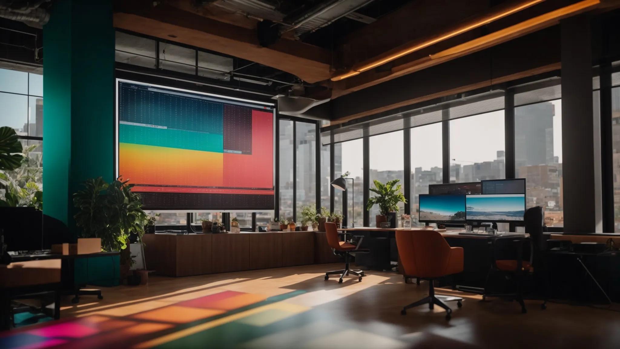 a vibrant, dynamic workspace filled with colorful charts and a glowing screen displaying niche keyword strategies, bathed in soft natural light that highlights the innovative atmosphere.