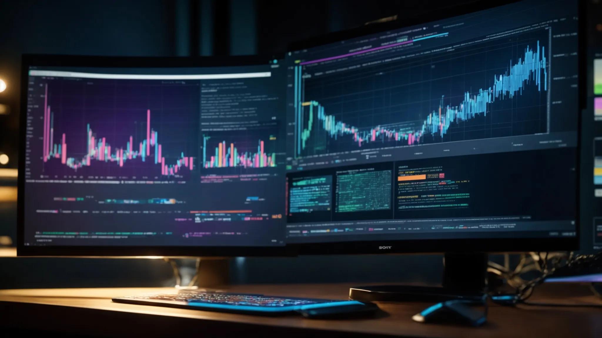 a vibrant, eye-catching scene showcasing a computer screen displaying an analytical seo report surrounded by dynamic graphs and charts, illuminated by soft, focused lighting to emphasize the theme of digital growth and potential.