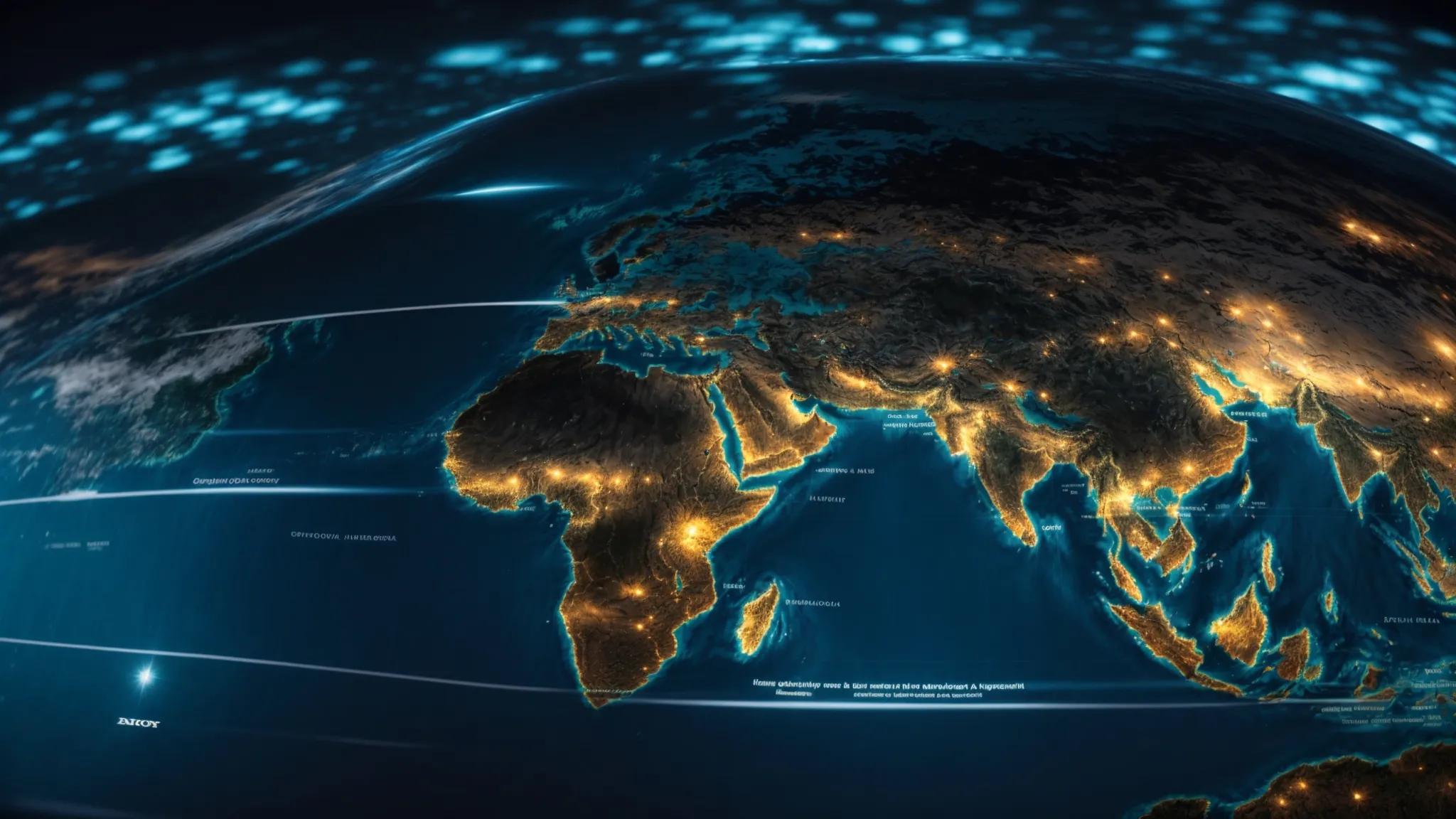 a vibrant, focused image of a digital globe surrounded by overlapping search bars, illustrating the concept of mastering keyword research across diverse locations, illuminated by a soft blue light to evoke a sense of innovation and connectivity.