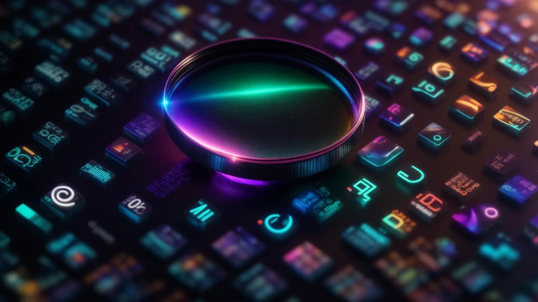 a vibrant, glowing magnifying glass hovers above a sea of search bar icons, symbolizing the quest for low competition keywords in a dynamic digital landscape.