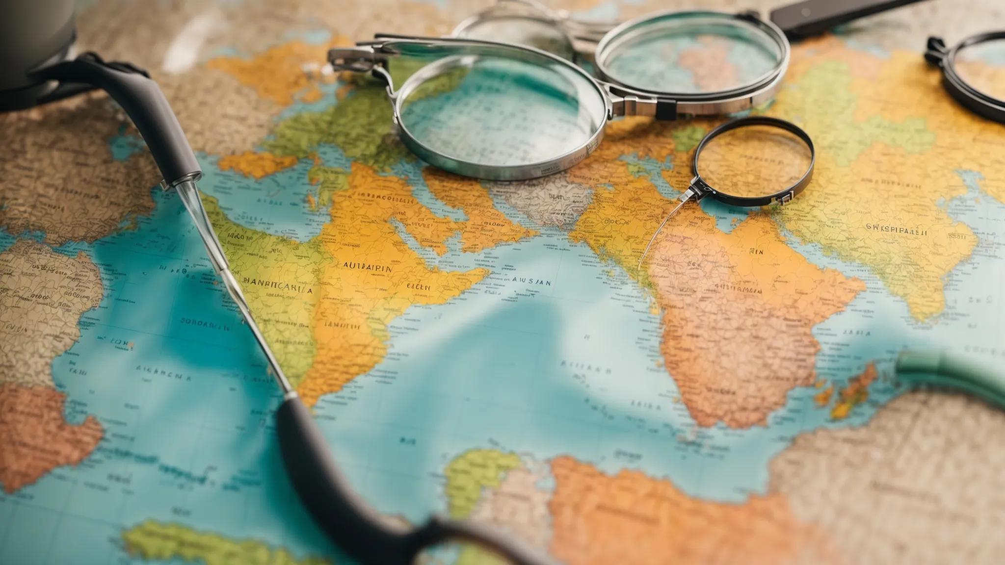 a vibrant, high-angle shot of a colorful world map adorned with location markers and magnifying glasses, symbolizing the ease and efficiency of mastering keyword research across diverse regions.