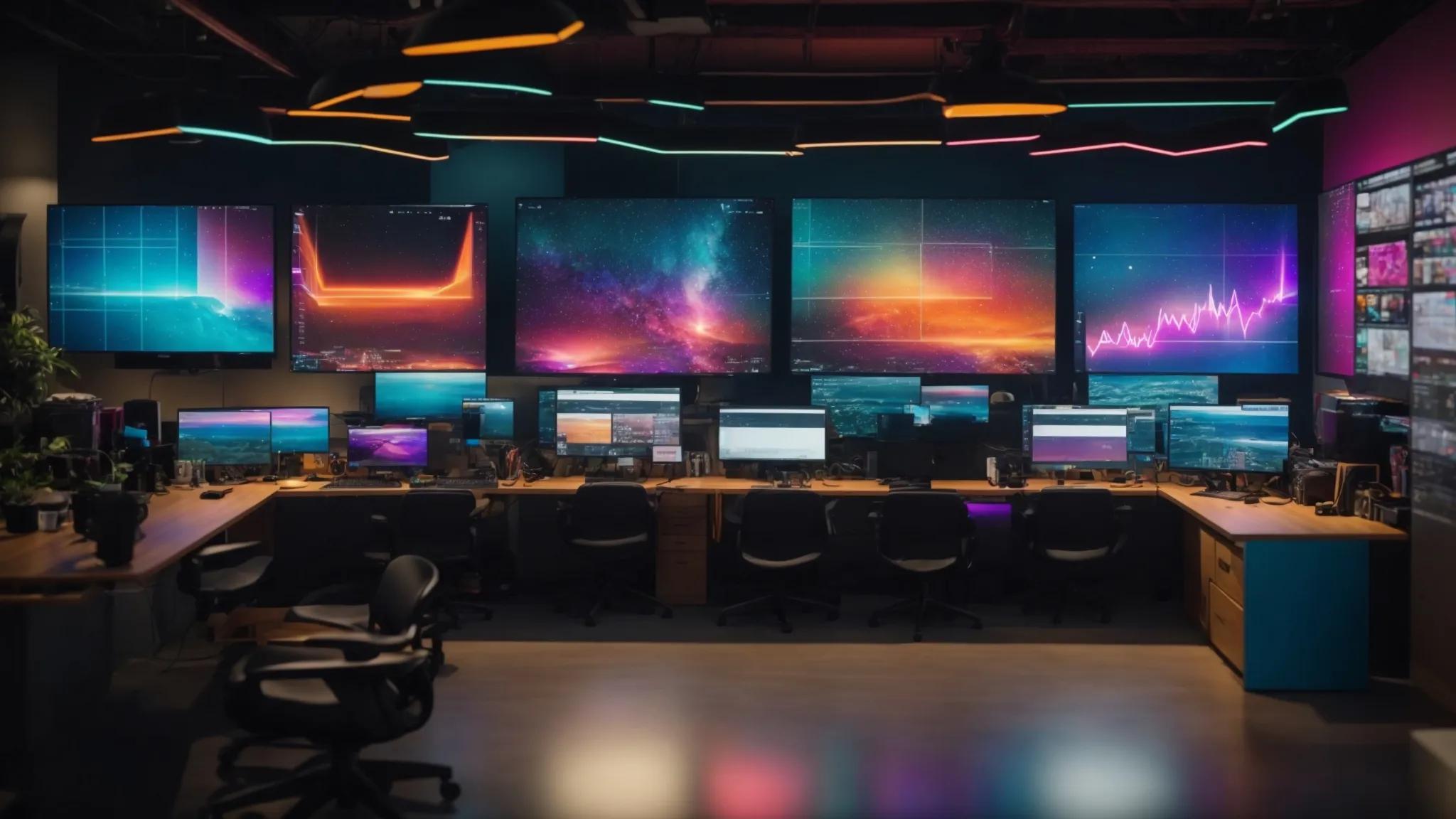 a vibrant, high-tech workspace featuring an array of colorful local seo tools displayed on sleek screens, capturing the essence of digital marketing innovation.