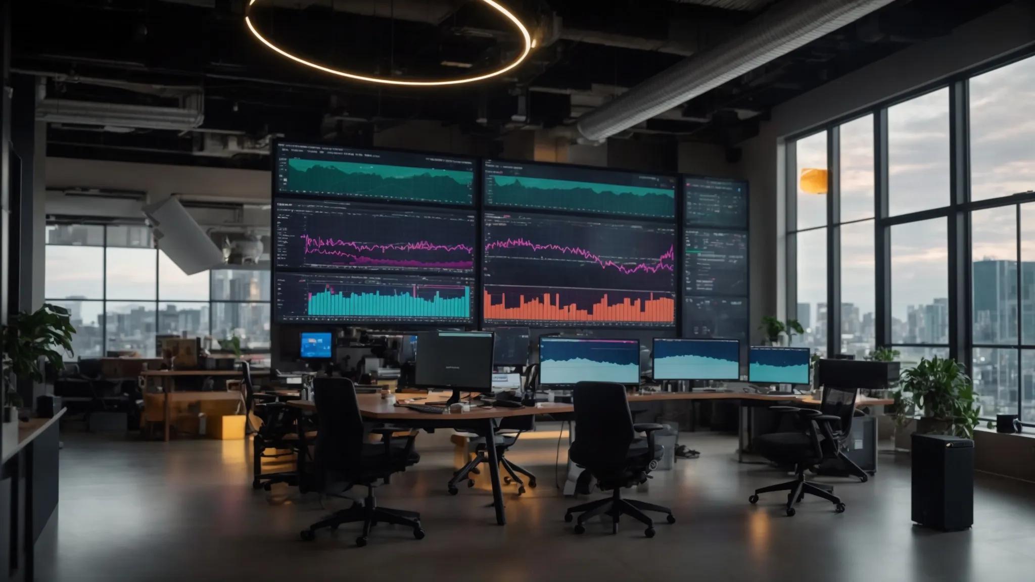 a vibrant, high-tech workspace showcases a large screen displaying colorful graphs and charts, symbolizing the dynamic world of seo rank tracking tools for digital success.