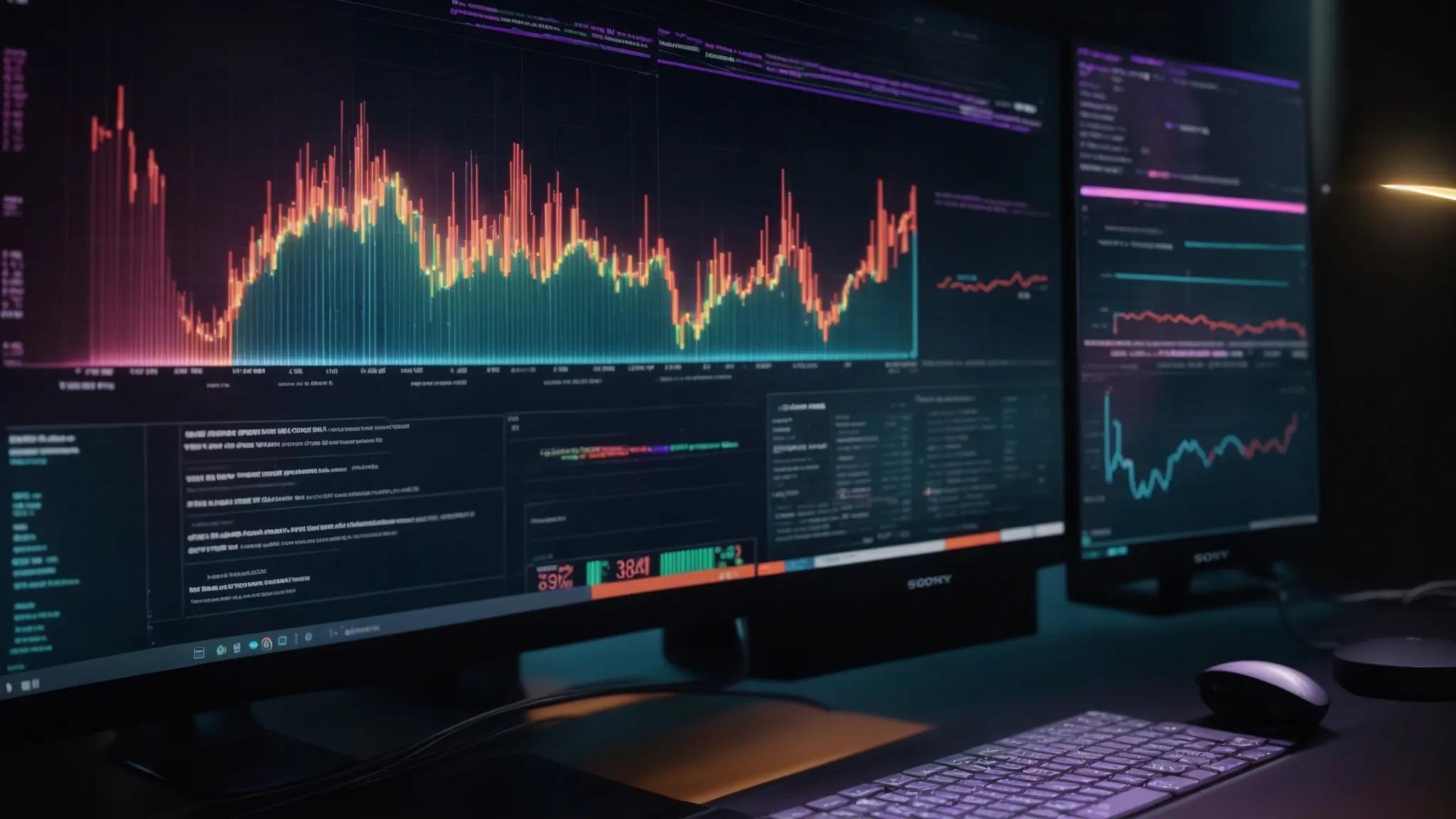 a vibrant, illuminated computer screen displaying a visually engaging seo report with dynamic graphs and metrics, symbolizing the unlocking of digital potential.