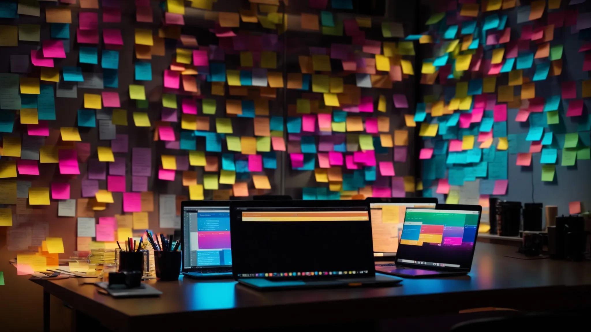 a vibrant, illuminated workspace featuring a glowing laptop surrounded by colorful sticky notes, charts, and graphs, conveying the essence of strategic brainstorming for niche keyword discovery.