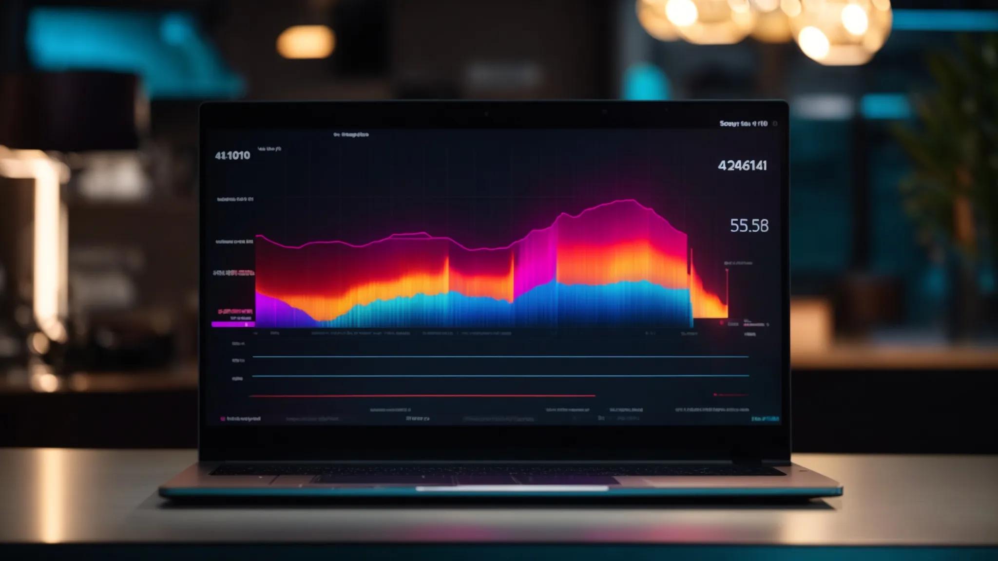 a vibrant, illuminated workspace showcases a sleek laptop displaying a vibrant keyword analysis dashboard, symbolizing the journey to seo success through low competition keywords.