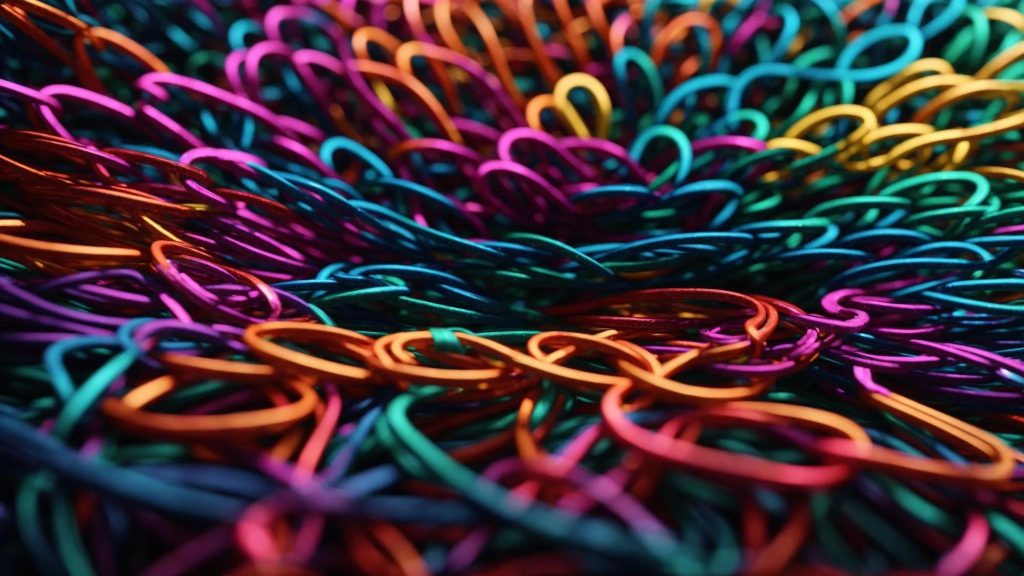 a vibrant, interconnected web of colorful links radiates from a central circle, symbolizing the dynamic impact of outbound links on seo, illuminated by bright, focused lighting to emphasize their importance.