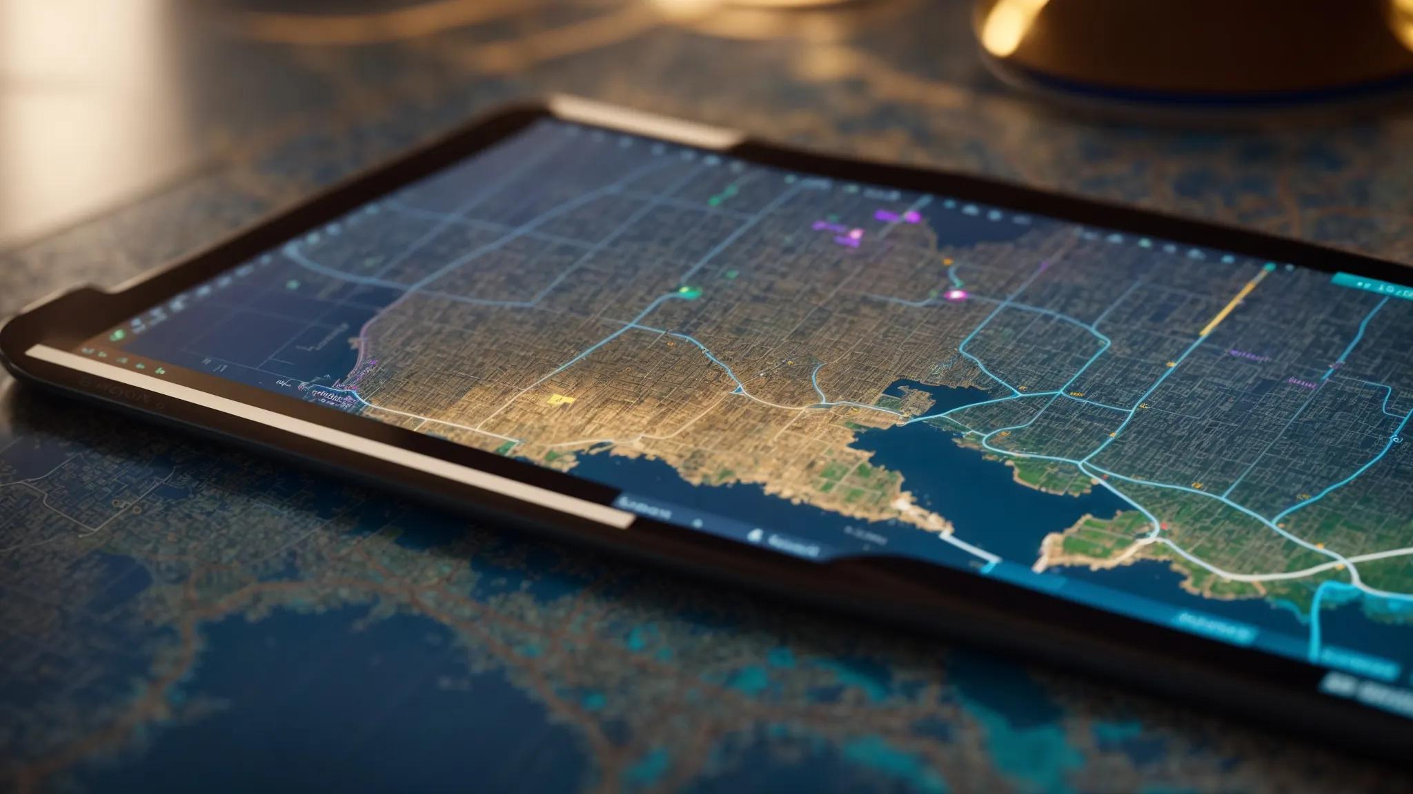 a vibrant, intricate internal linking map displayed on a digital tablet, illuminated by a soft light, symbolizing the mastery of seo strategies in a modern workspace.