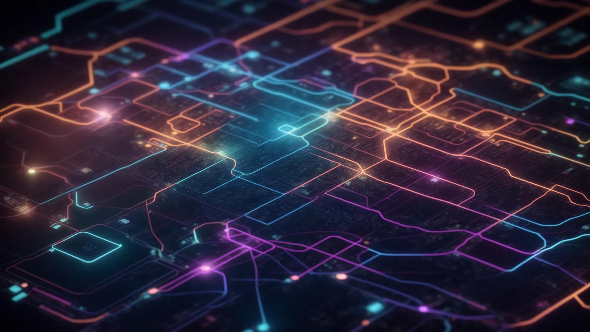 a vibrant, intricately designed digital flowchart illuminated by soft, ambient lighting, showcasing interconnected nodes and pathways that represent a comprehensive seo strategy.