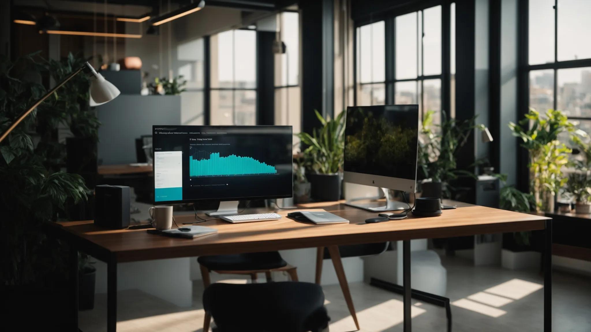 a vibrant, modern workspace featuring a sleek computer screen displaying an engaging website dashboard, illuminated by soft natural light streaming through a large window, symbolizing digital success and effective seo strategies.