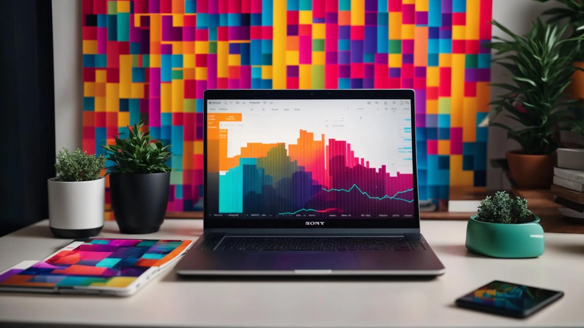 a vibrant, modern workspace featuring a sleek laptop surrounded by colorful charts and graphs, symbolizing the empowerment and potential of seo tools for beginners.