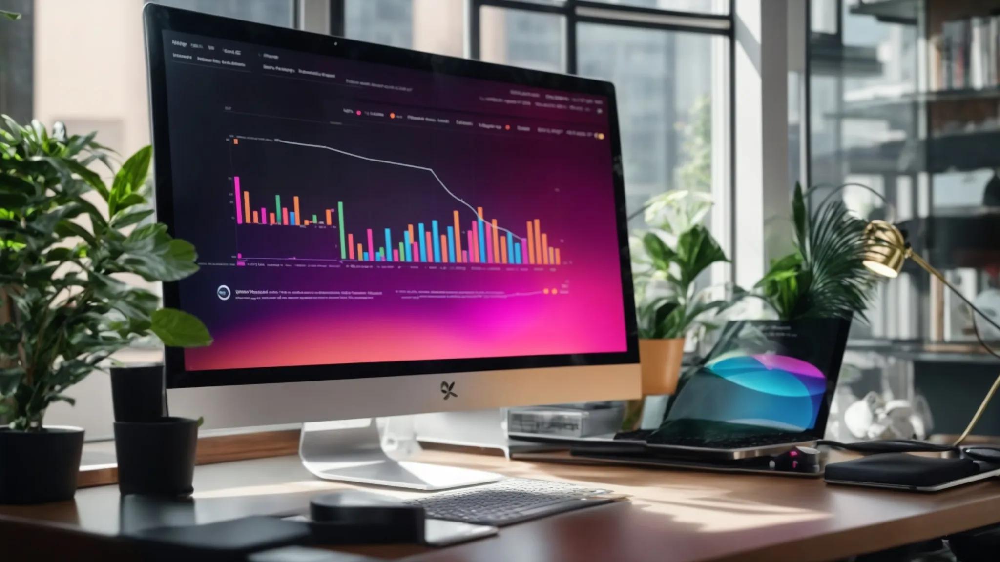 a vibrant, modern workspace filled with sleek technology and colorful graphs, symbolizing the power of local seo tools to elevate online visibility.