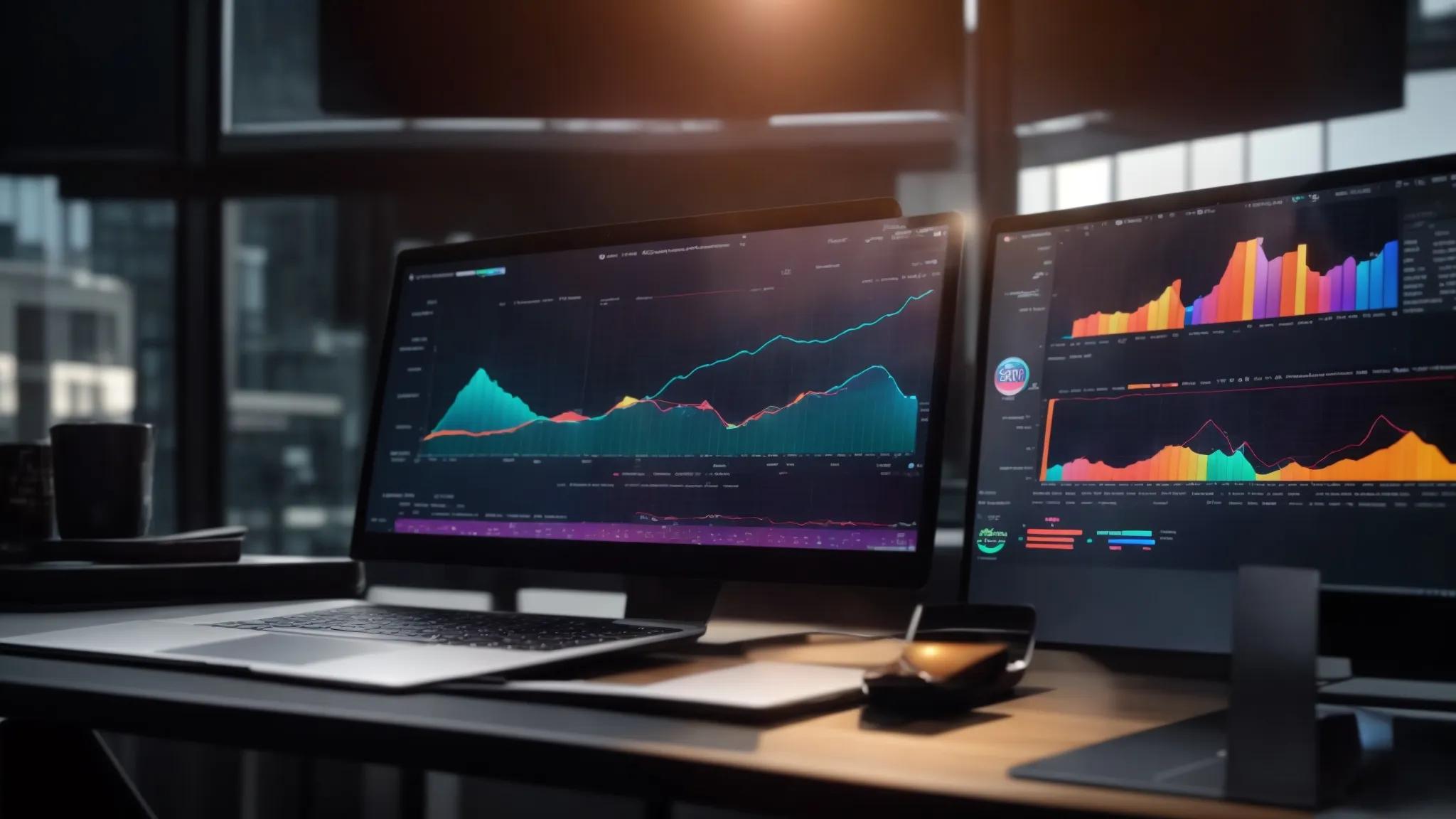 a vibrant, modern workspace showcasing a sleek laptop surrounded by dynamic graphs and charts, illuminated by natural light, symbolizing the importance of seo analysis in digital marketing.