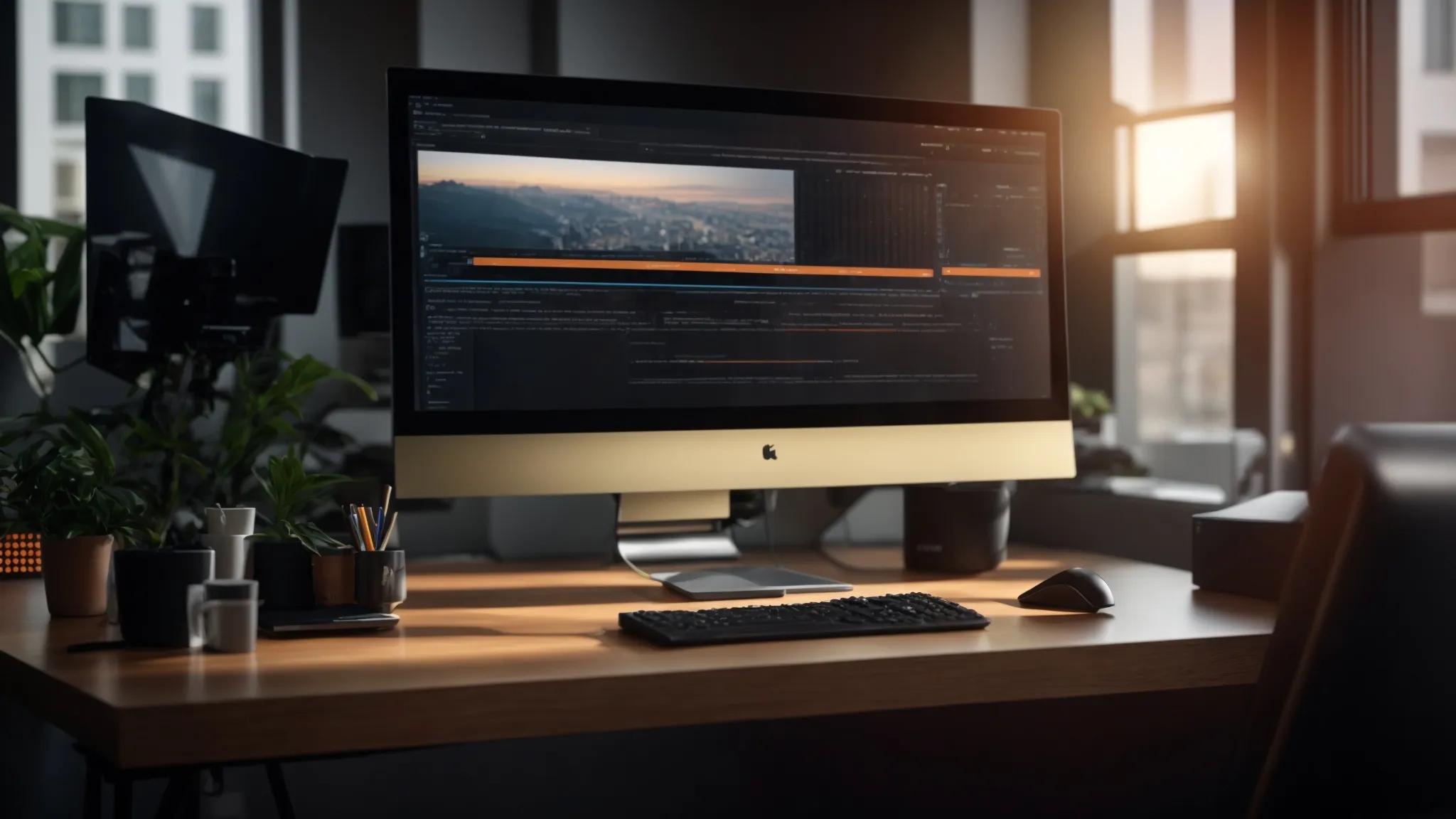 a vibrant, modern workspace with a sleek computer setup, illuminated by natural light, showcasing an open cms interface on the screen, symbolizing digital success and seo optimization.